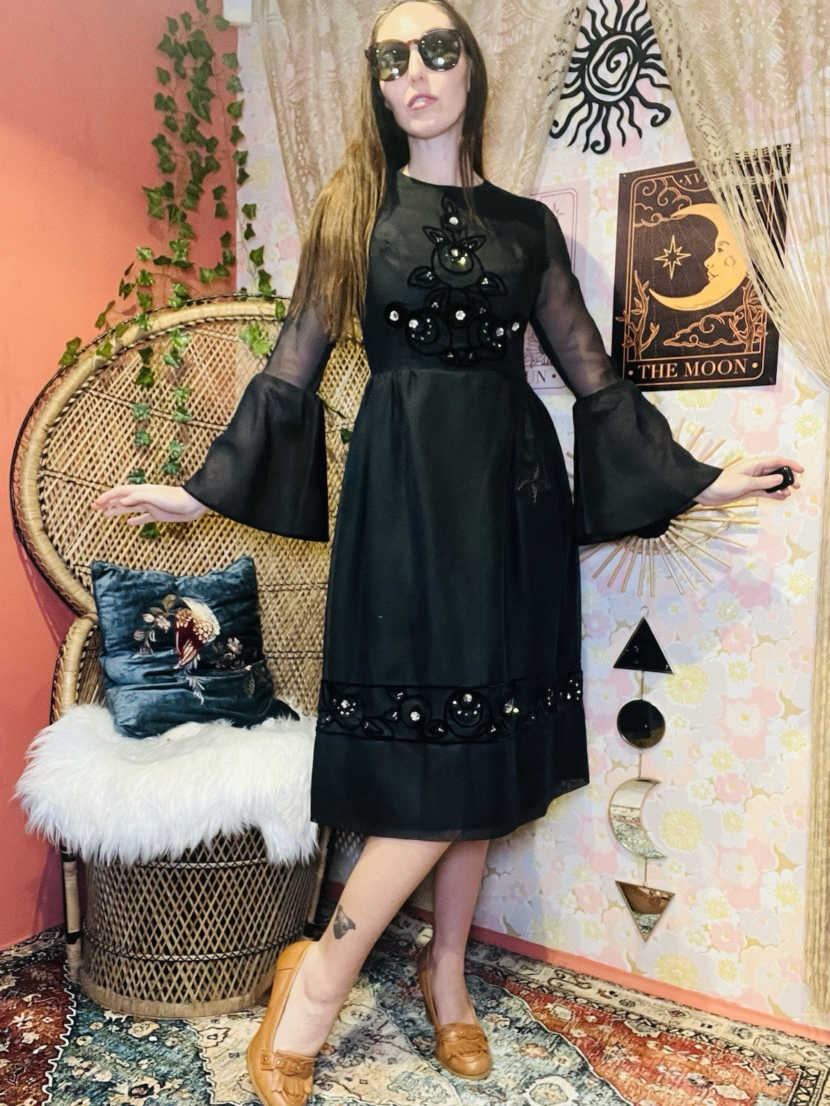 Vintage 90s Party Dress Black S 8 By Vera Mont Whimsigoth  Star Flared Sleeves