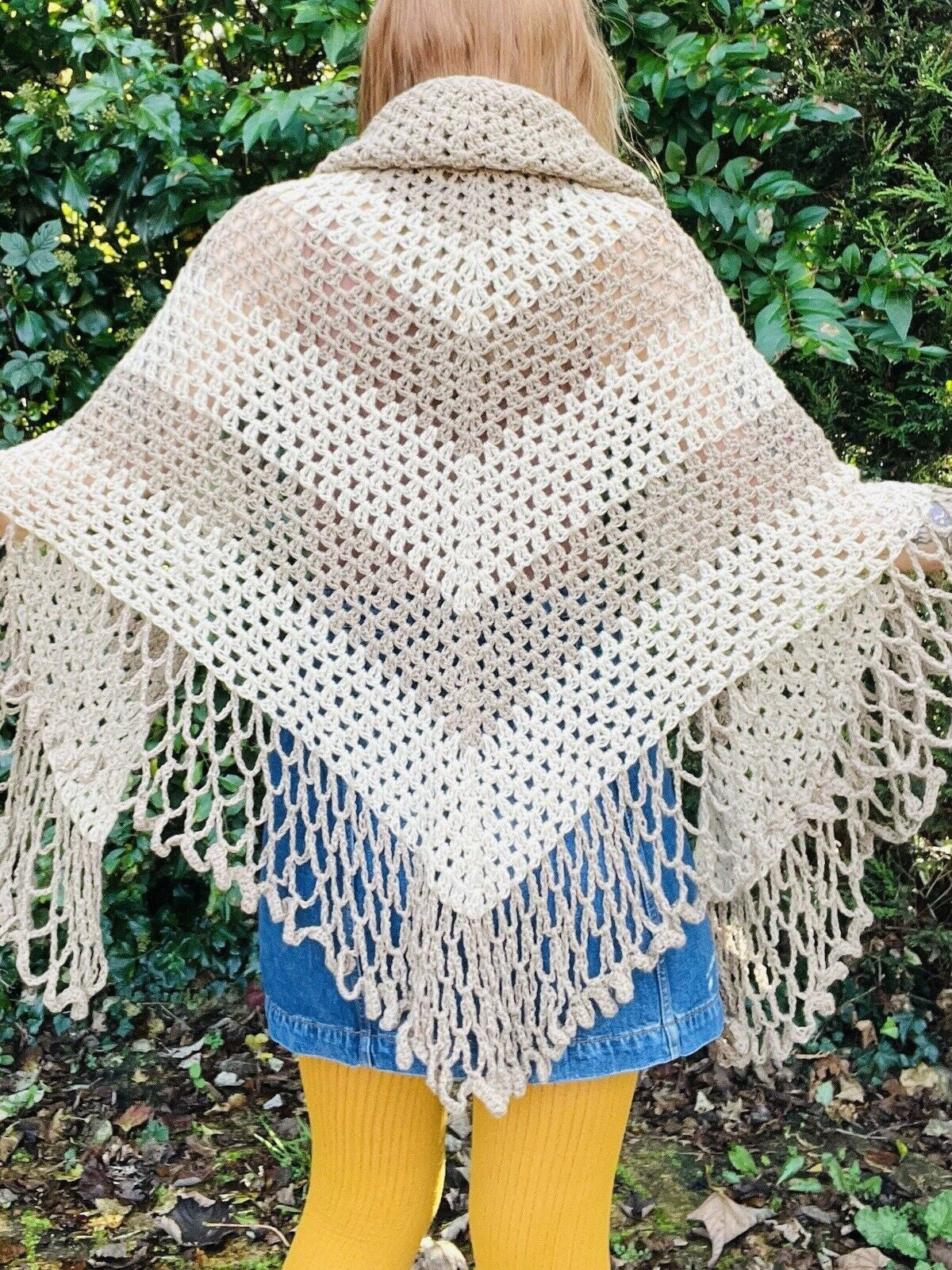 Vintage Knit Crochet Shawl Hippie Boho Triangle Wrap Cape Cottage Whimsy Scarf