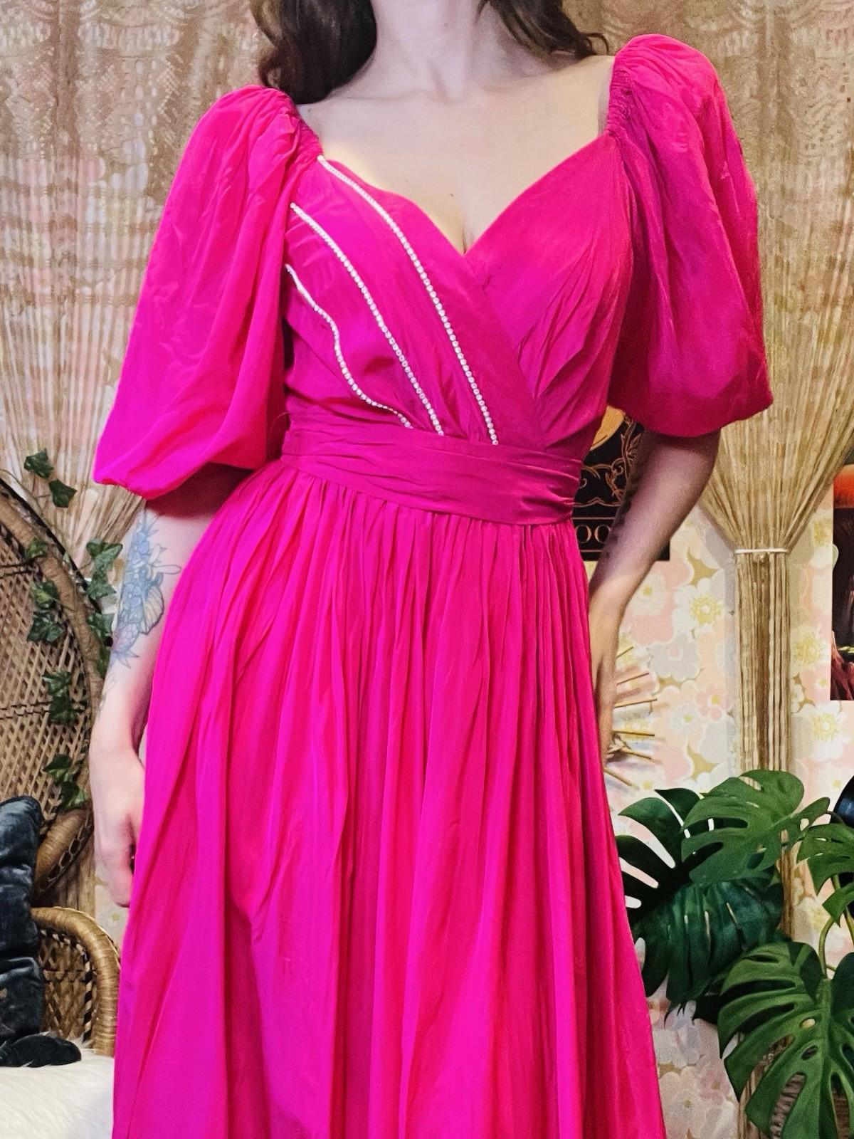 Vintage 1980s Puff Sleeve Dress And Tie Waist Hot Pink Cocktail Gown Size 8