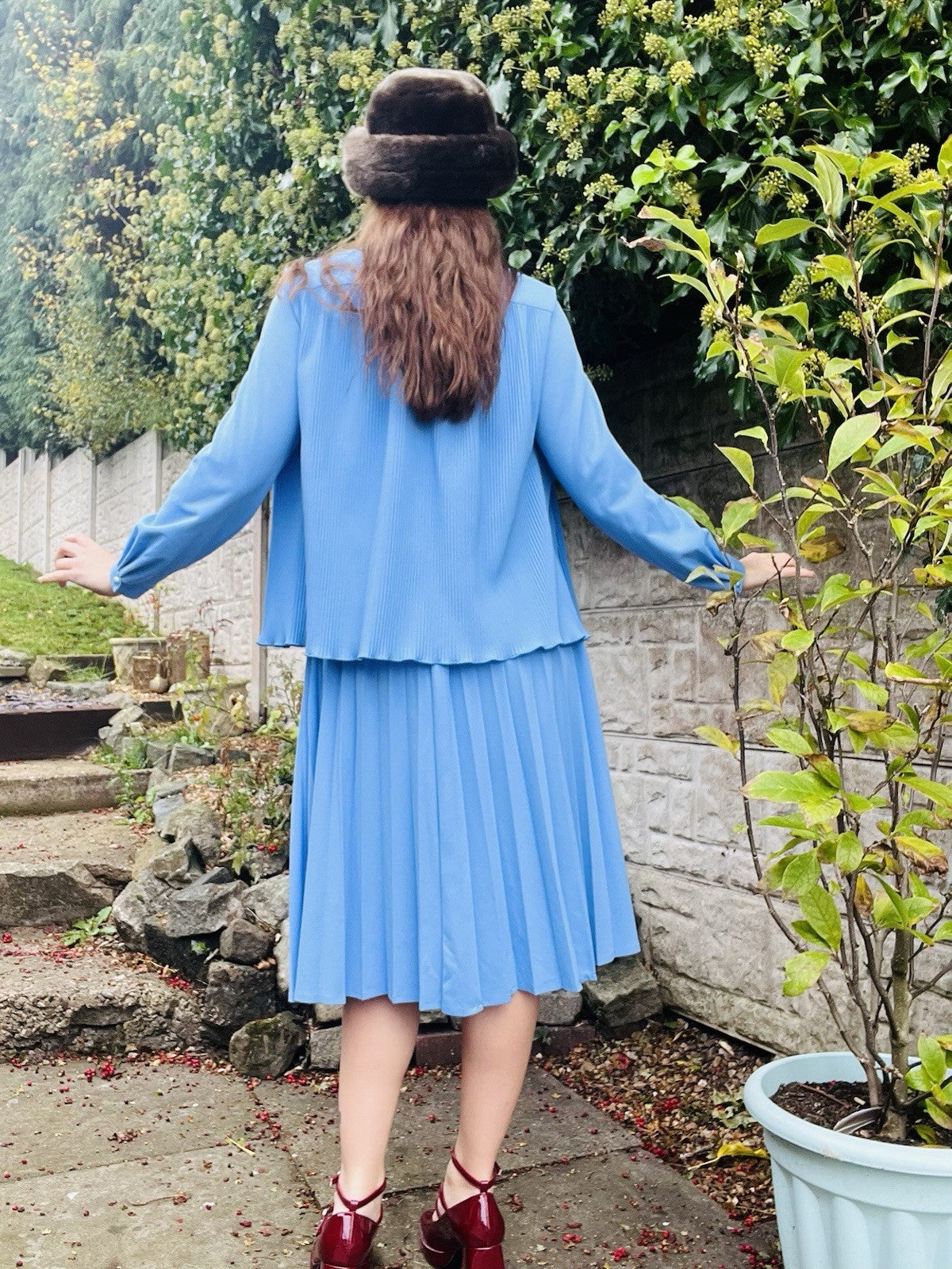 Vintage 80s Tea Dress And Waistcoat Two Piece Set Blue Size 16 Pleated Design