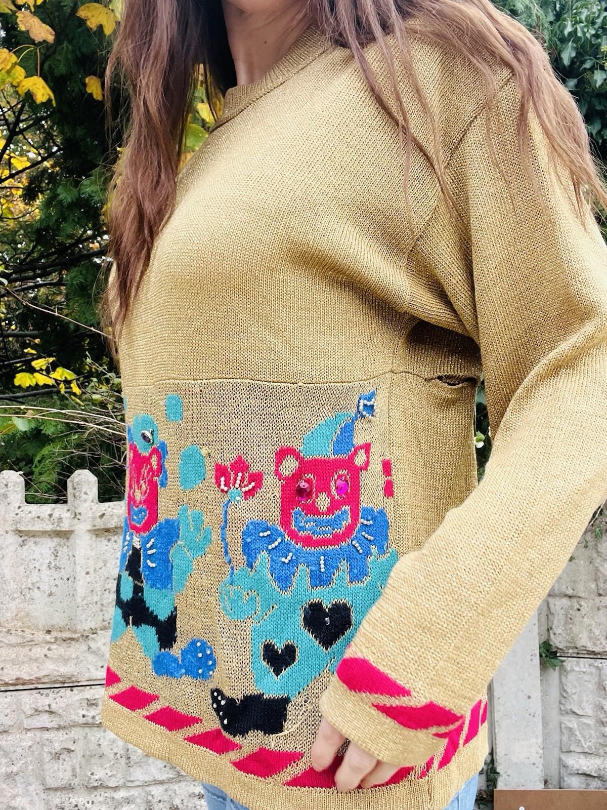 Vintage 1980s Knit Jumper Sparkly Gold Size 14 To 16 Retro 1980s Teddy Sweater