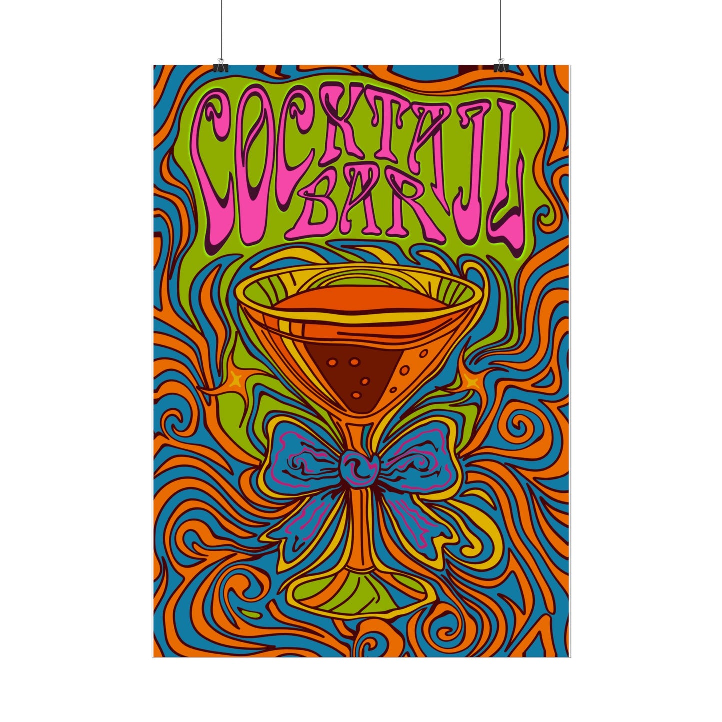 Cocktail Bar Poster, Colourful Retro Prosecco Wall Art, Psychedelic Alcohol Drinking Home Decor Print