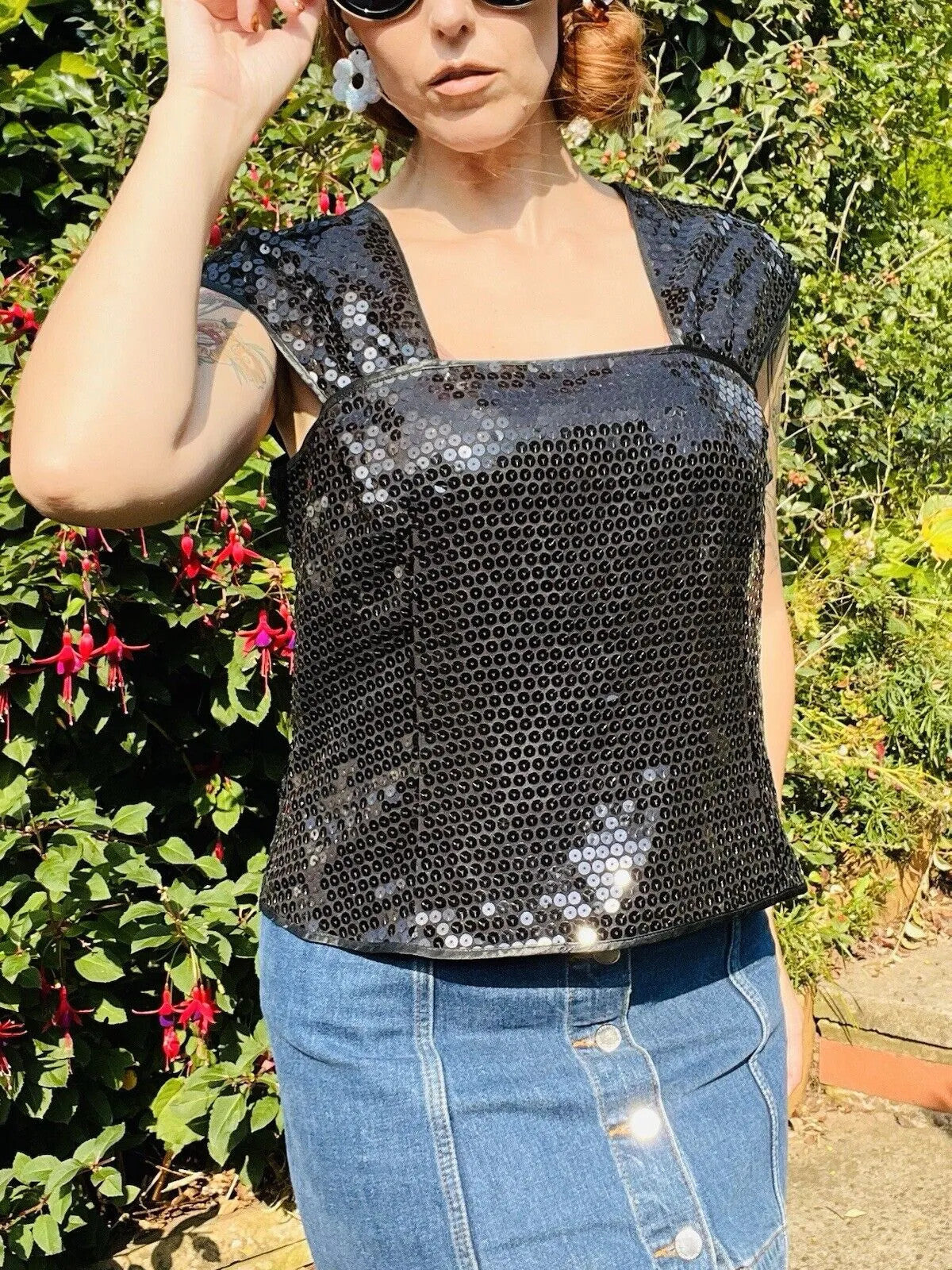 Vintage 80s Sequin Top 16 Black Sparkly Evening Tank Vest Top Sleeveless Cami