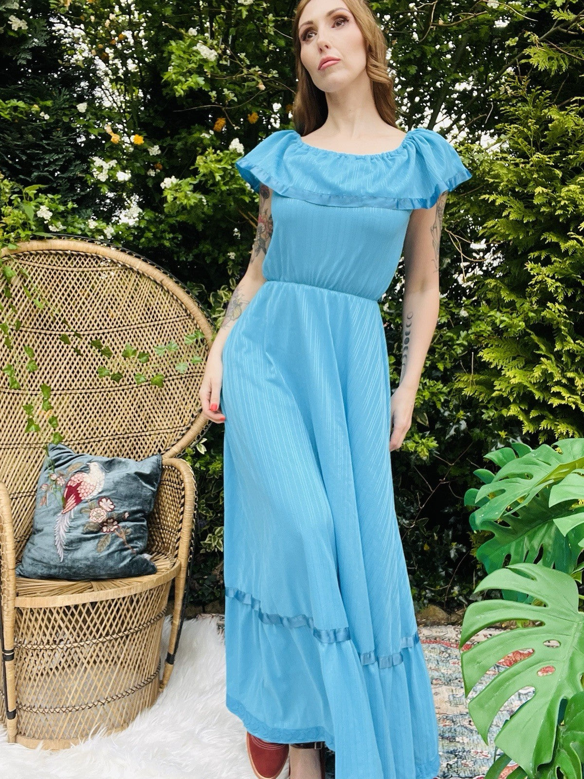 Vintage 1970s Maxi Dress By C&A Long Bardot Shoulder Layered Prairie Dress 8