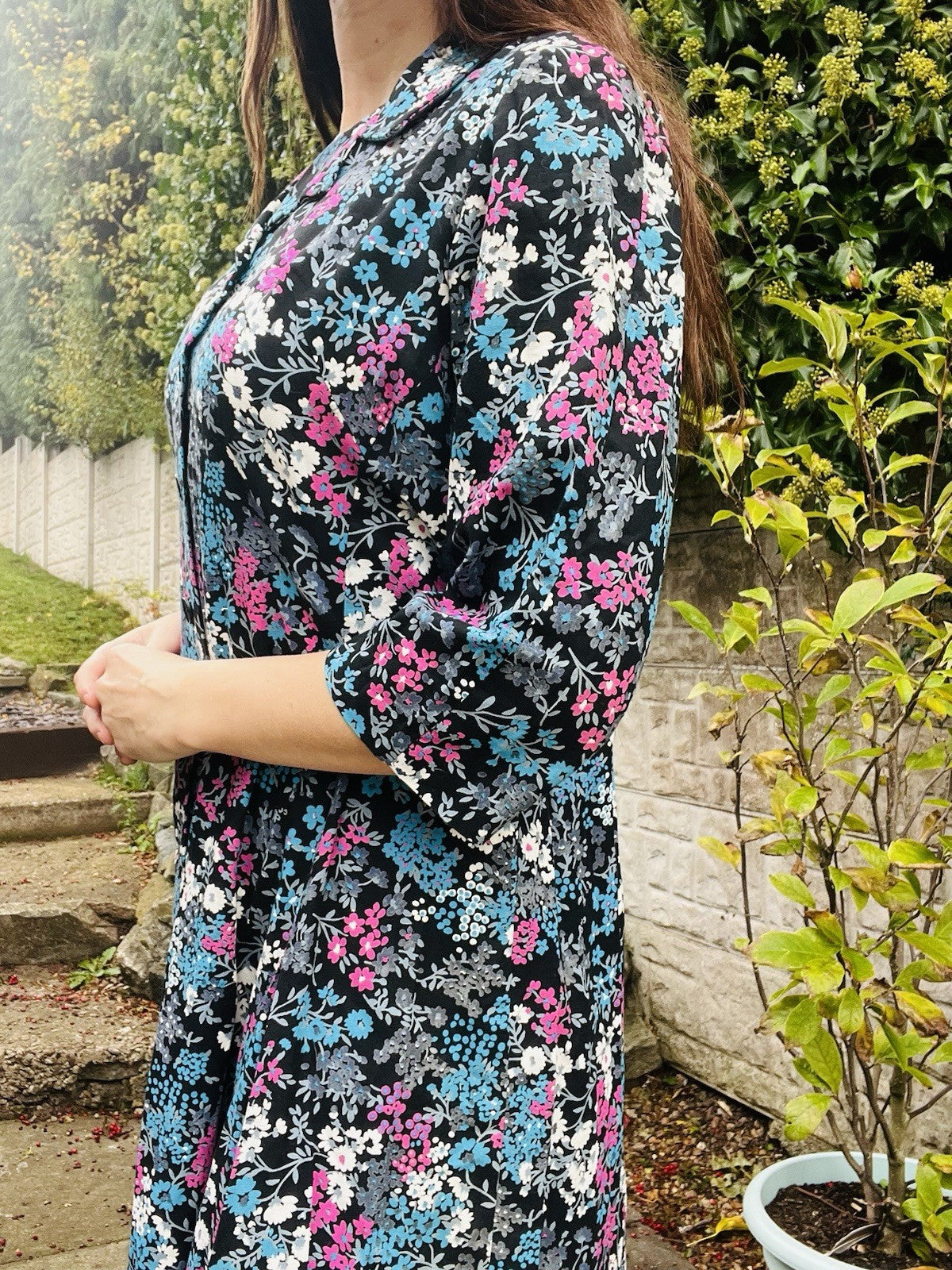 Vintgae 1960s Floral Dress Blue Size 16 Ditsy Retro Boho Casual Tea Dress