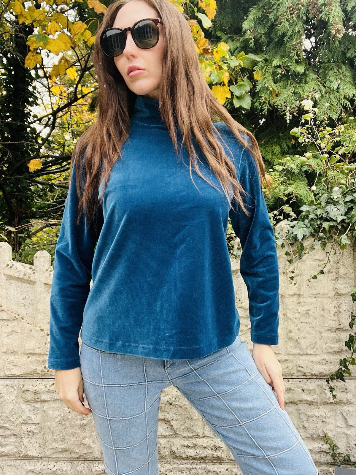 Vintage 1980s Velvet Top Blue Size 18 By Berkertex, Turtle Neck Ribbed Jumper