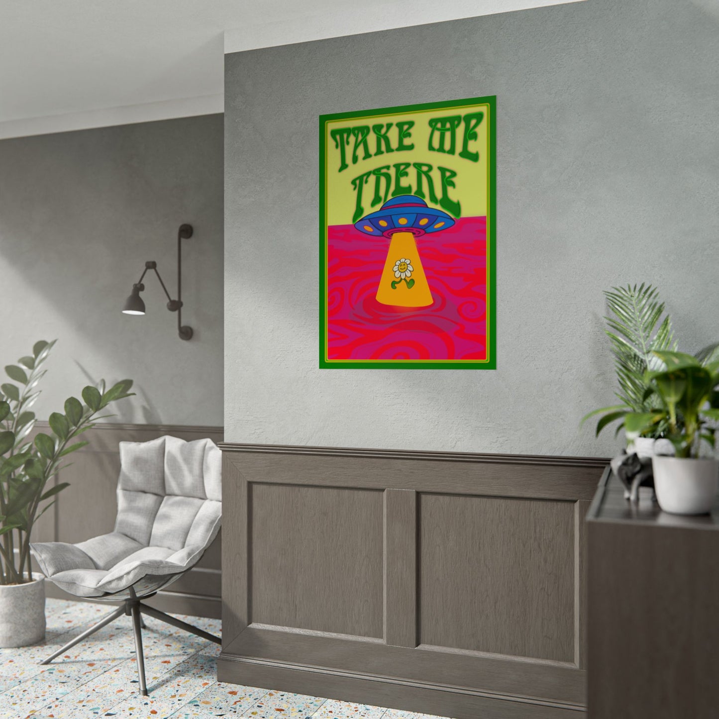 Psychedelic Trippy UFO Poster, Colourful Retro Hippie Wall Art, 1960s 1970s Home Decor Print