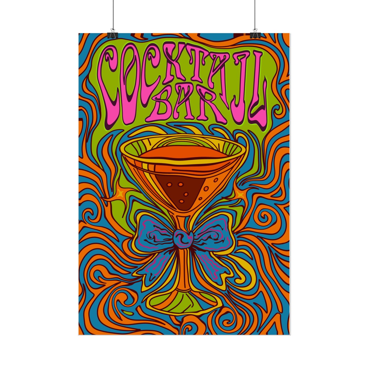 Cocktail Bar Poster, Colourful Retro Prosecco Wall Art, Psychedelic Alcohol Drinking Home Decor Print