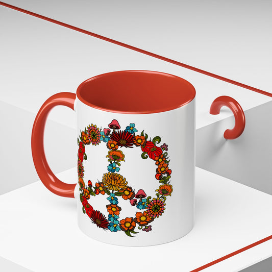 Hippie Peace Sign mug, Retro Floral 60s 70s tea and coffee cup, Colourful CND flower power ceramic mug