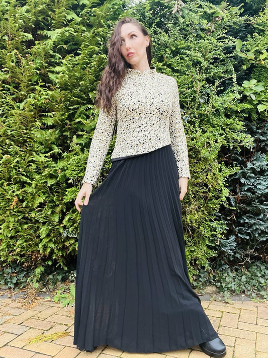 Vintage 1980s Cocktail Dress, Long Sleeve Sparkly Bodice, Pleated Skirt Size 10
