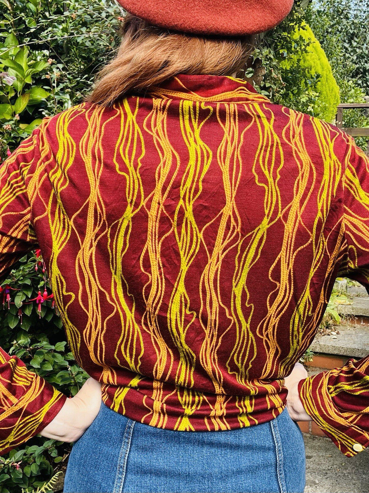 Vintage 1980s Abstract Blouse Burgundy Red Long Sleeve Retro Shirt Size 14