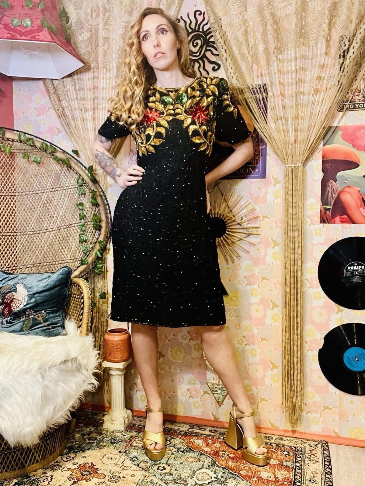 Vintage 1980s beaded Dress By Barkha Pure Silk Embellished Sequin Dress Black M