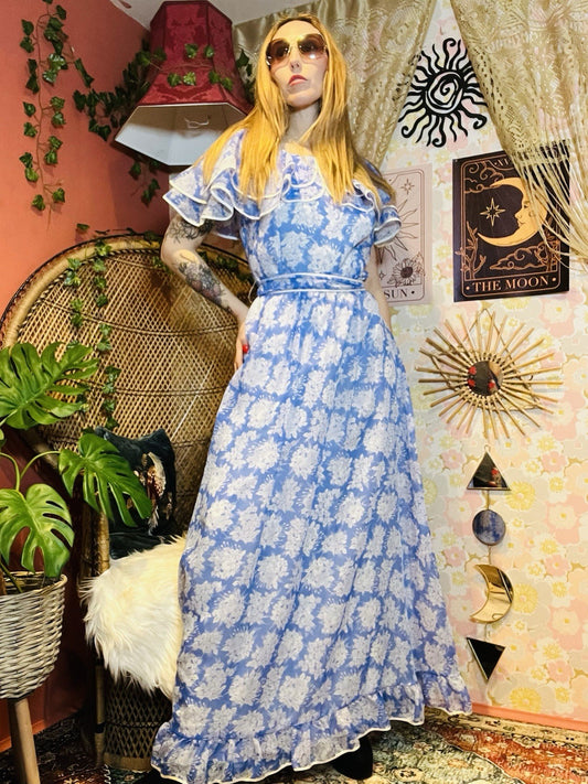 Vintage 1970s Fairycore Dress Long Maxi Floaty Fairy Prom Cocktail Dress Blue 14