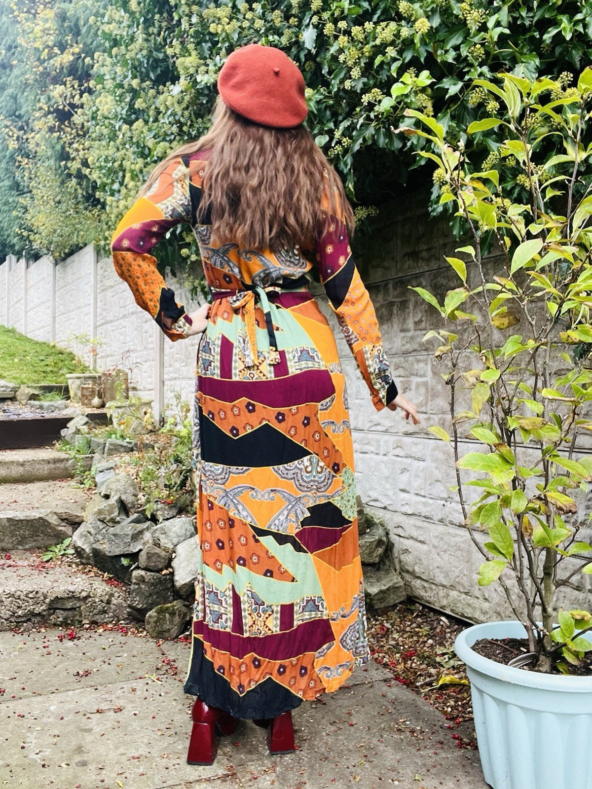 Long Sleeved Maxi Dress By Reserved Size 8-10 Orange Boho Hippie Retro Style