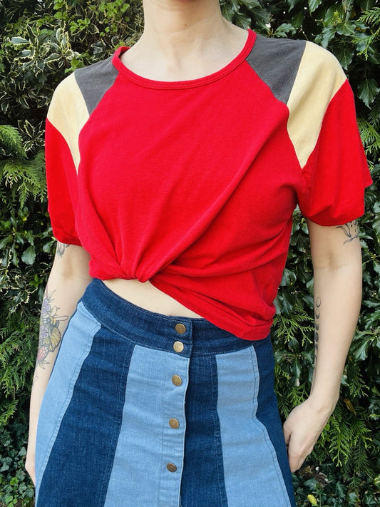 Vintage 80s Cotton T-shirt Block Colour Single Stitch Tee Top Short Sleeve 14-16