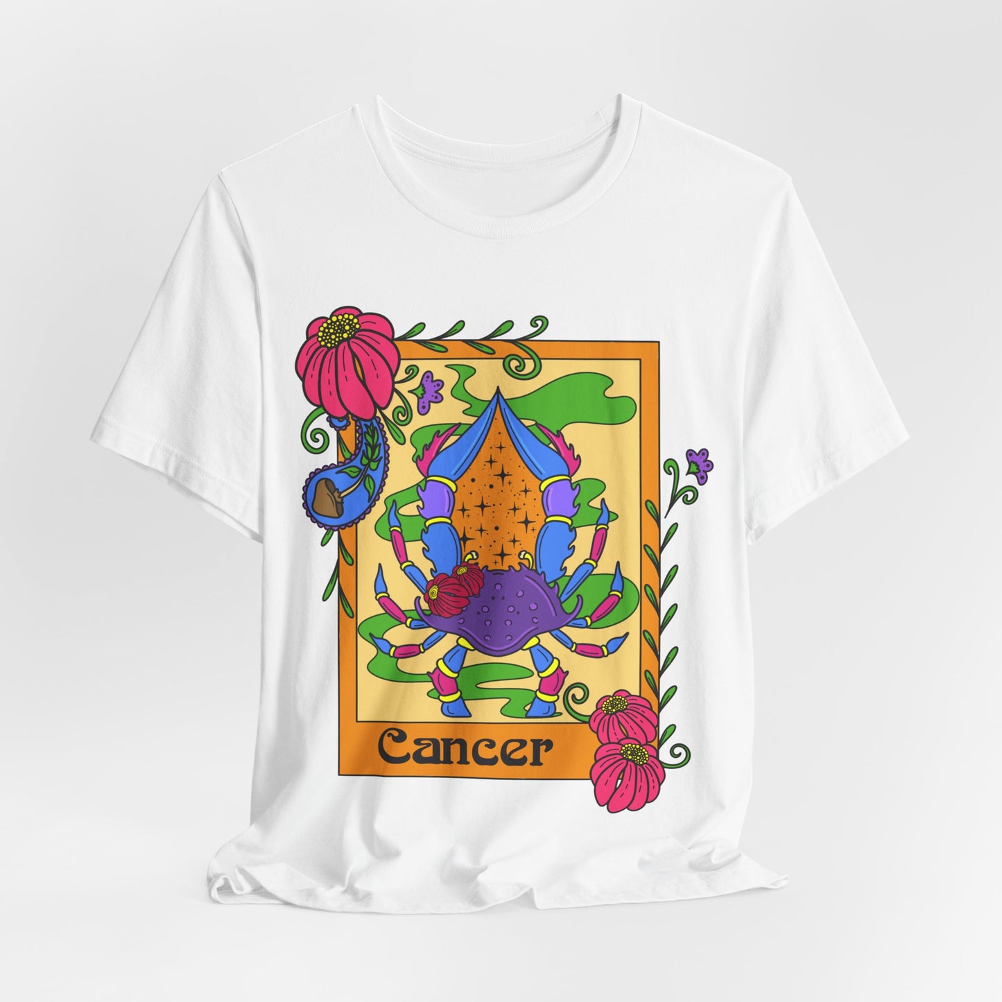 Cancer star sign T-Shirt, crab zodiac astrology top, Horoscope birthday gift Tee, Bold retro colourful Design tshirt