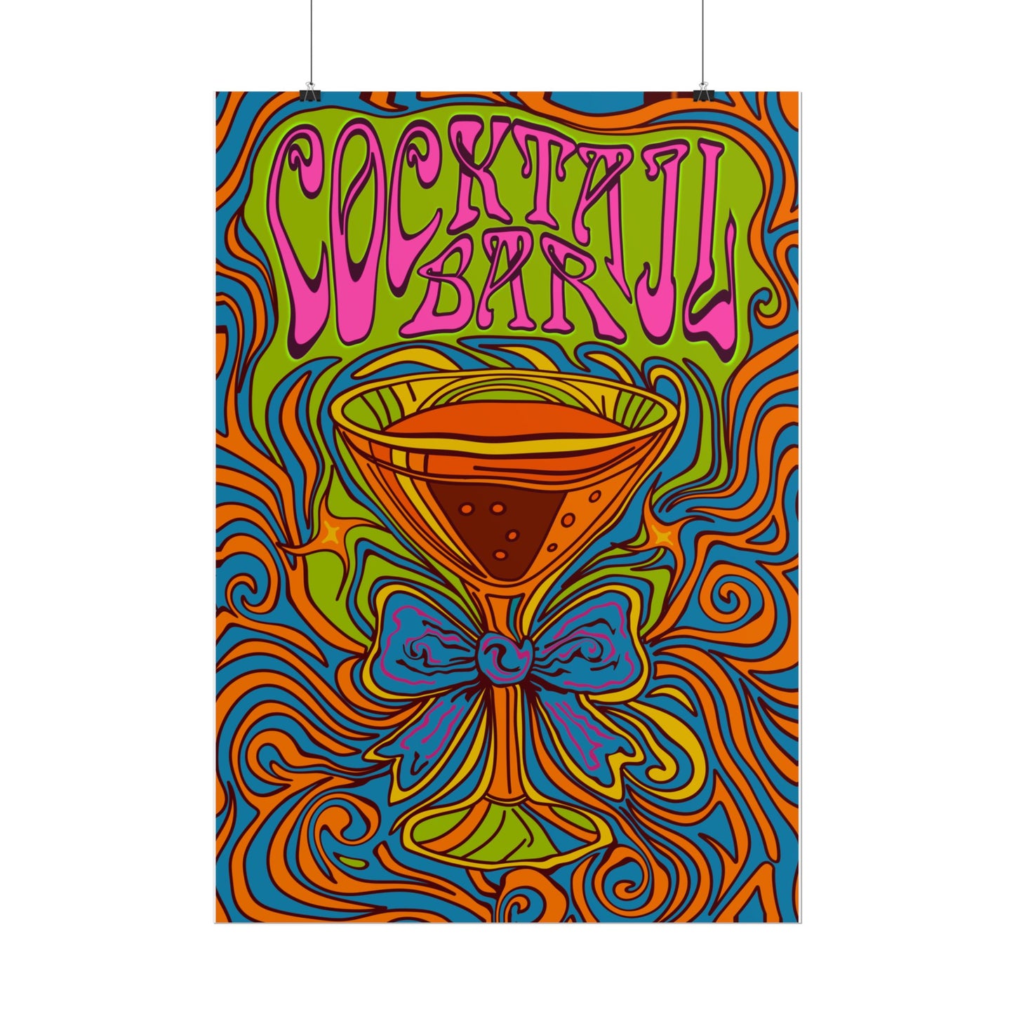 Cocktail Bar Poster, Colourful Retro Prosecco Wall Art, Psychedelic Alcohol Drinking Home Decor Print
