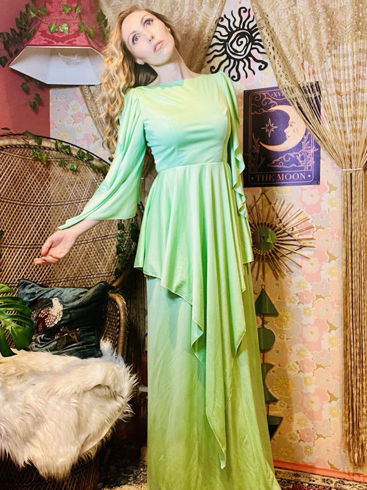 Vintage 1990s Maxi Dress Layered Fairycore Long Dress With Cape Sleeves Mint 8