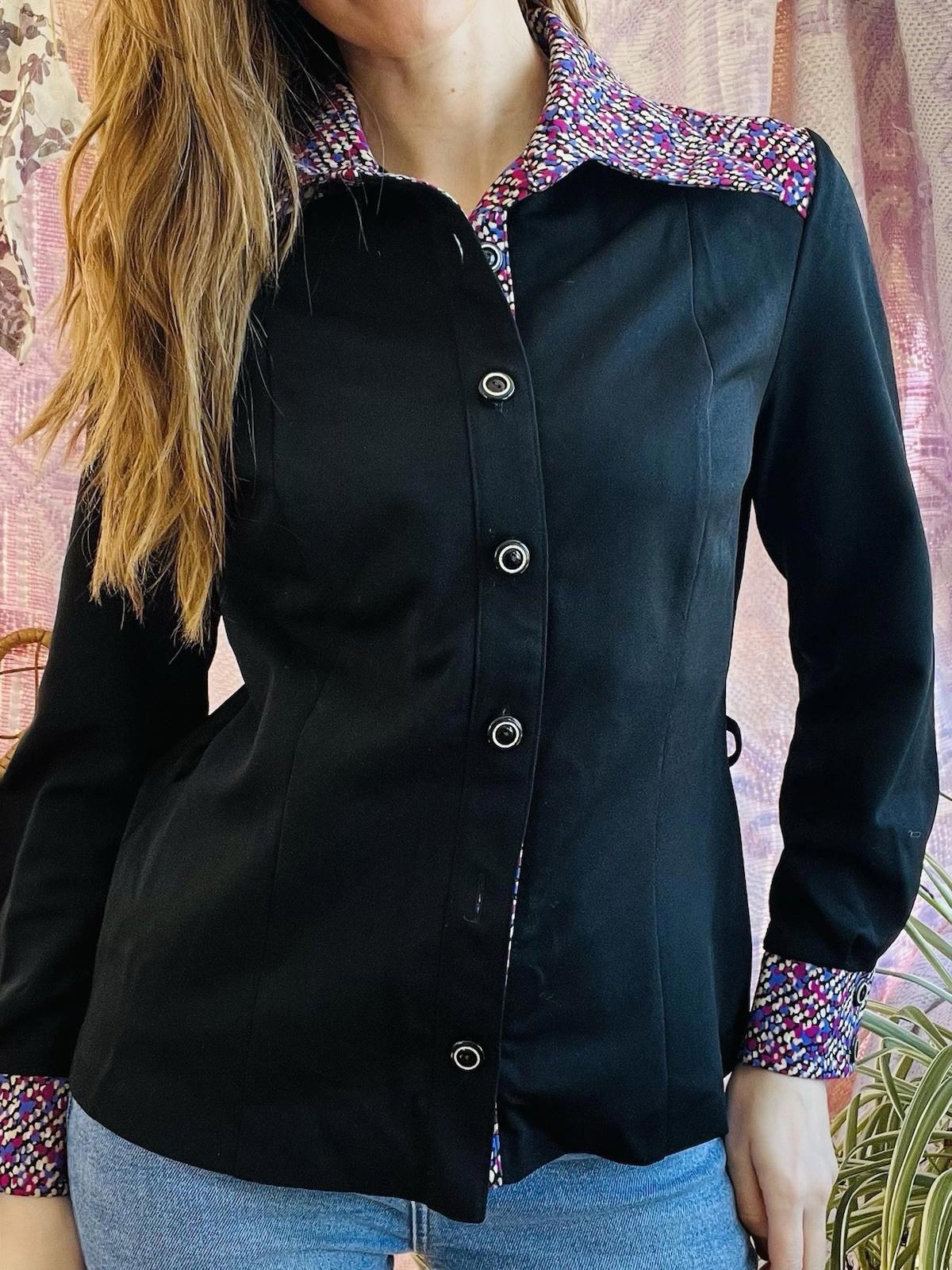 Vintage Blouse Bold Retro Print Collared Shirt Casual Or Formal Office Workwear