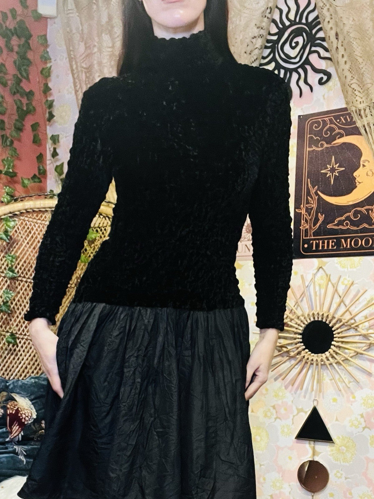 Vintage 80s Party Dress Black Size 10 Long Sleeves High Neck Velvet Retro 1980s