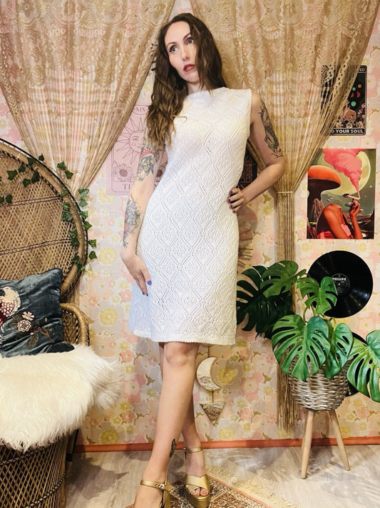 Vintage 1960s Knitted Dress White Crochet Knit High Neck Jumper Dress 12