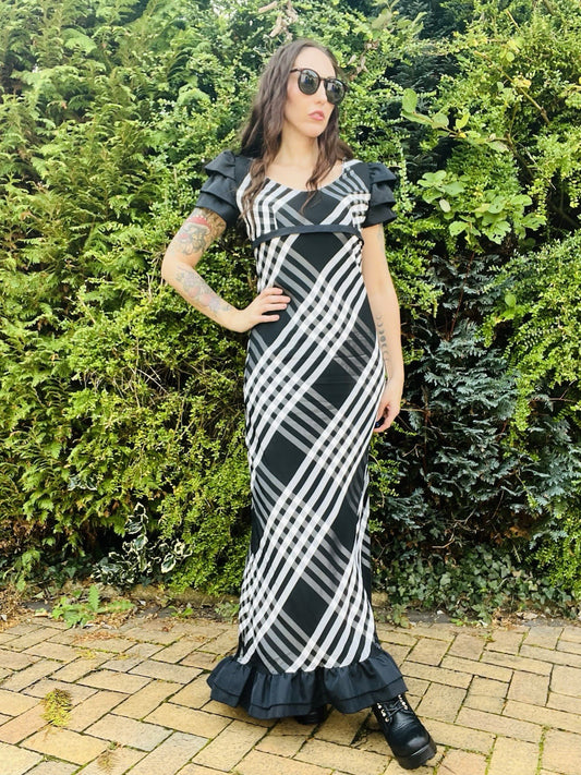Vintage 1970s Long Dress, Empire Waist Tartan Plaid Frilly Maxi Dress Size 10-12