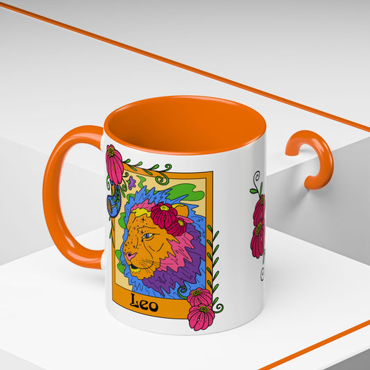 Leo star sign mug, Lion zodiac astrology coffee cup, Horoscope birthday gift mug, Bold retro colourful Design ceramic mug