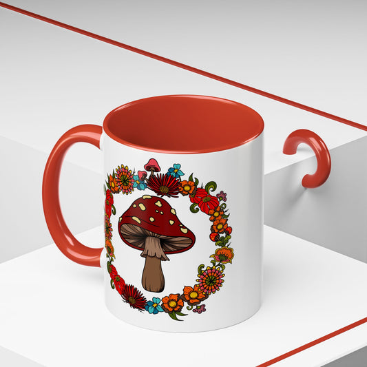 Flower and mushroom mug, Retro Floral 60s 70s tea and coffee cup, Colourful hippie flower power ceramic mug
