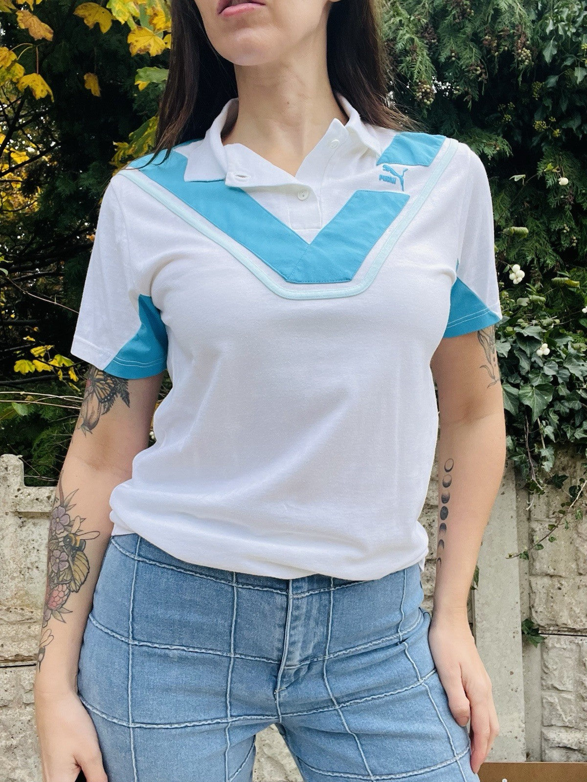 Vintage 90s Puma Tshirt Size 10-12 Retro White And Blue Sports Polo Shirt