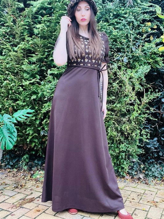 Vintage 1960s Maxi Dress Size 10 Brown With Tie Waist And Retro Gold Detail