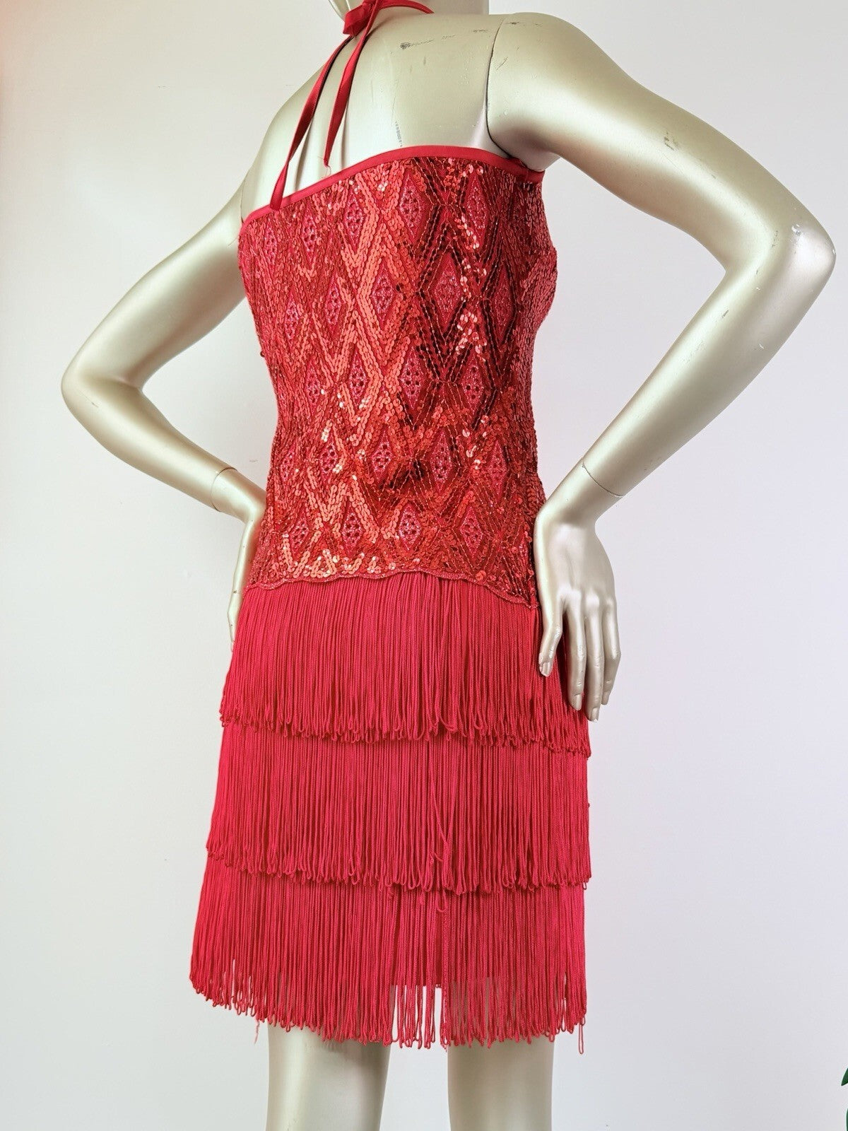 Vintage 1980s Festival Dress Sequin Tassel Western Halterneck Flapper Red S 6