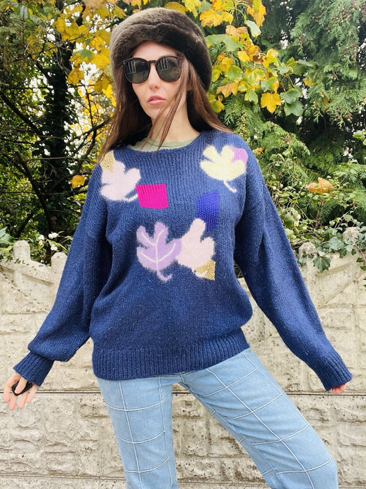 Vintage 1980s Jumper By Golden Gate Funky Retro Pattern Knit Sweater Blue Size L