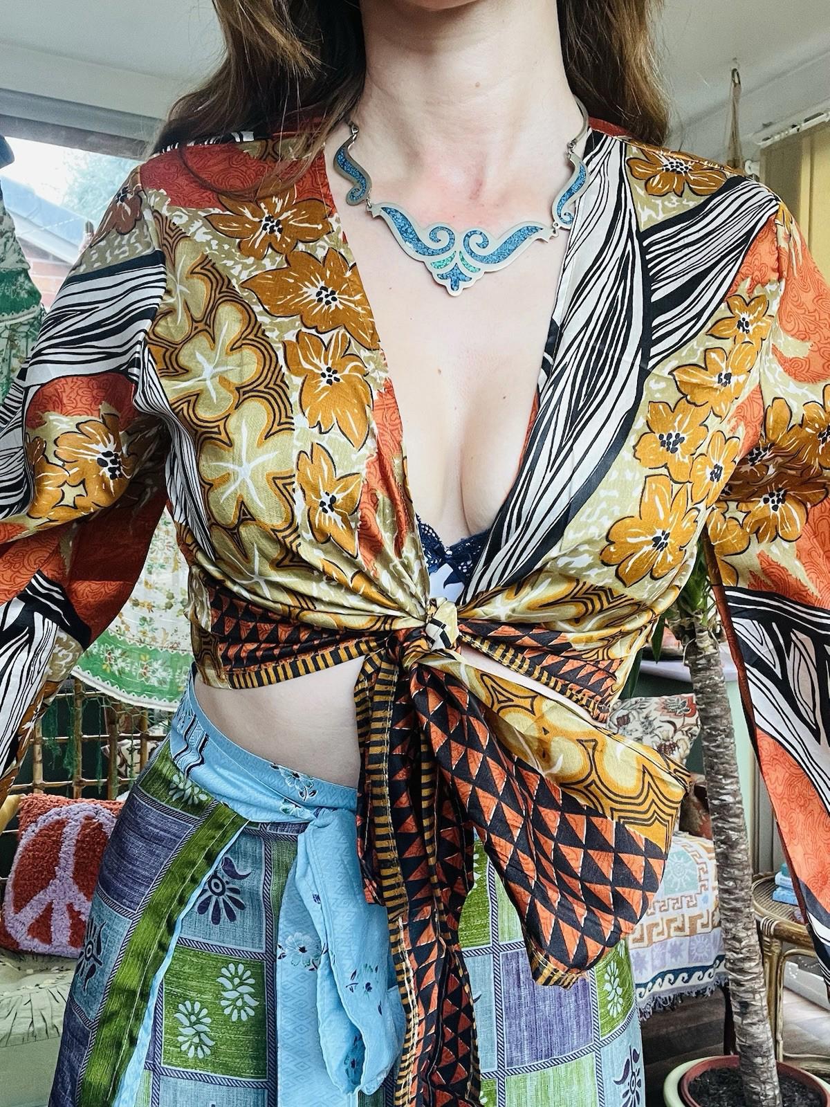 Flared Sleeve Top Vintage Silk Hippie Boho Bell Sleeved Wrap Top Gypsy Bolero