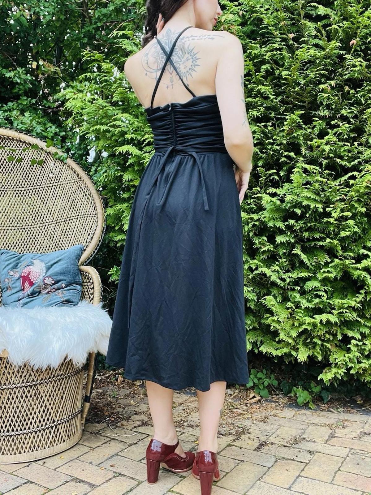 Vintage 1980s Party Dress Black Floaty Rouched Waist Strappy Dress Size 12