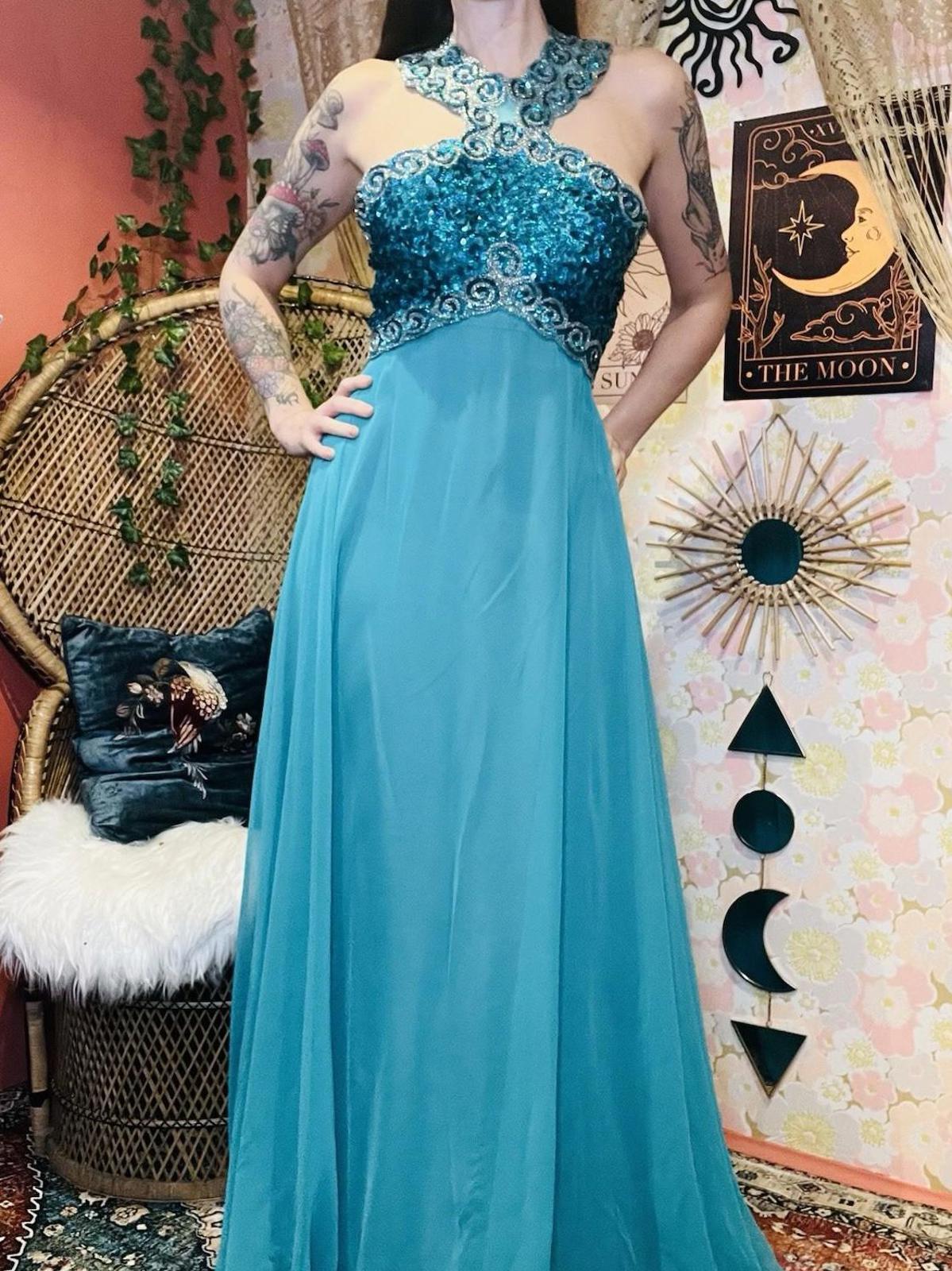 Vintage 1970s 1980s Dress Size 8 Teal Blue Designer Mike Benet Sequin Ball Gown