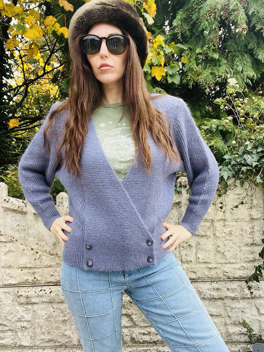 1980s Knit Cardigan Lilac Size 10-12 M True Vintage Lined Winter V Neck Jumper