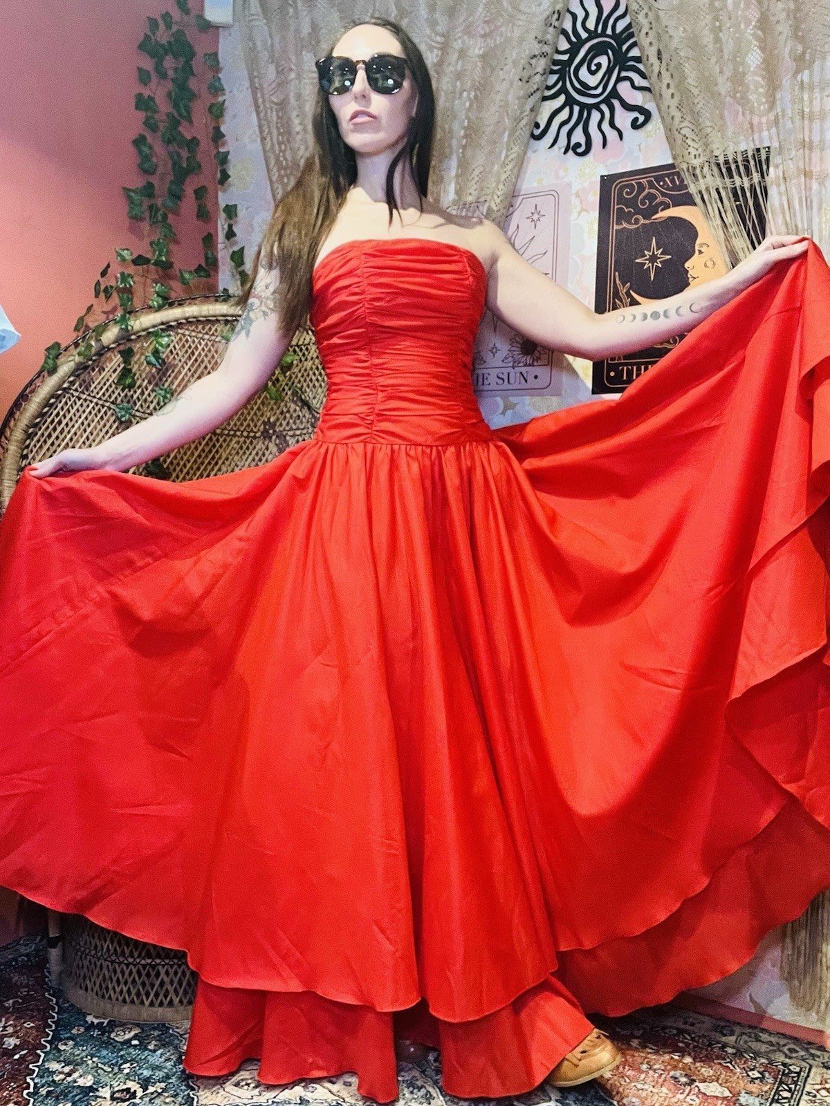 Vintage 1980s Cocktail Dress Size 8 Red Strapless Evening Layered Ball Gown