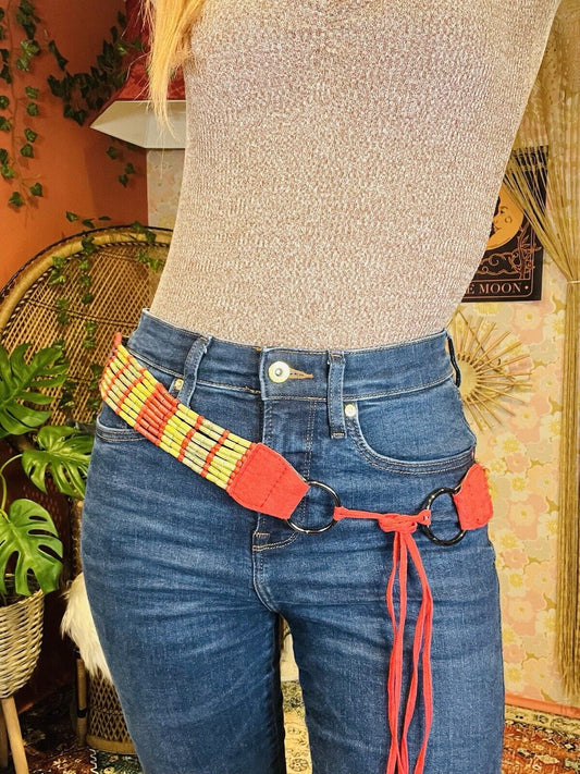 Vintage Boho Hippie Belt Beaded Rope Chain Waist Jewellery Red Green 35inch