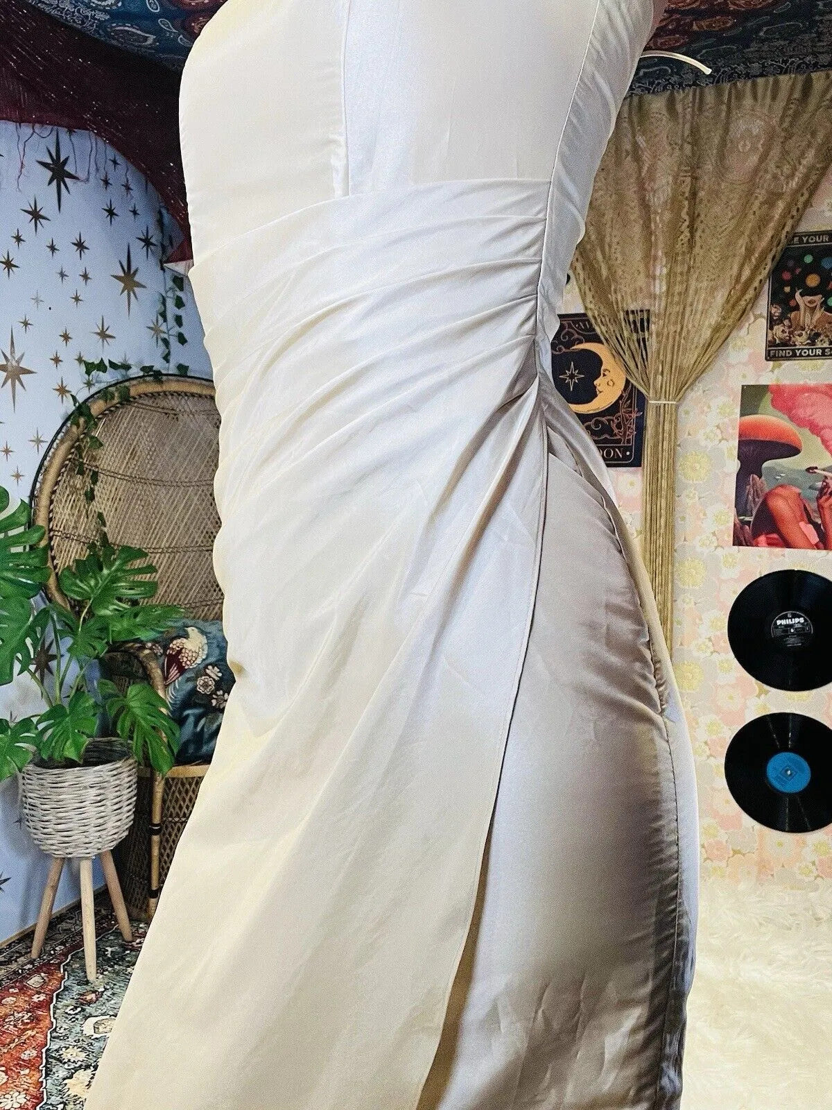 Vintage 90s Ball Gown By Prestige Ivory Cream Cocktail Dress Tie Back Size 8 10