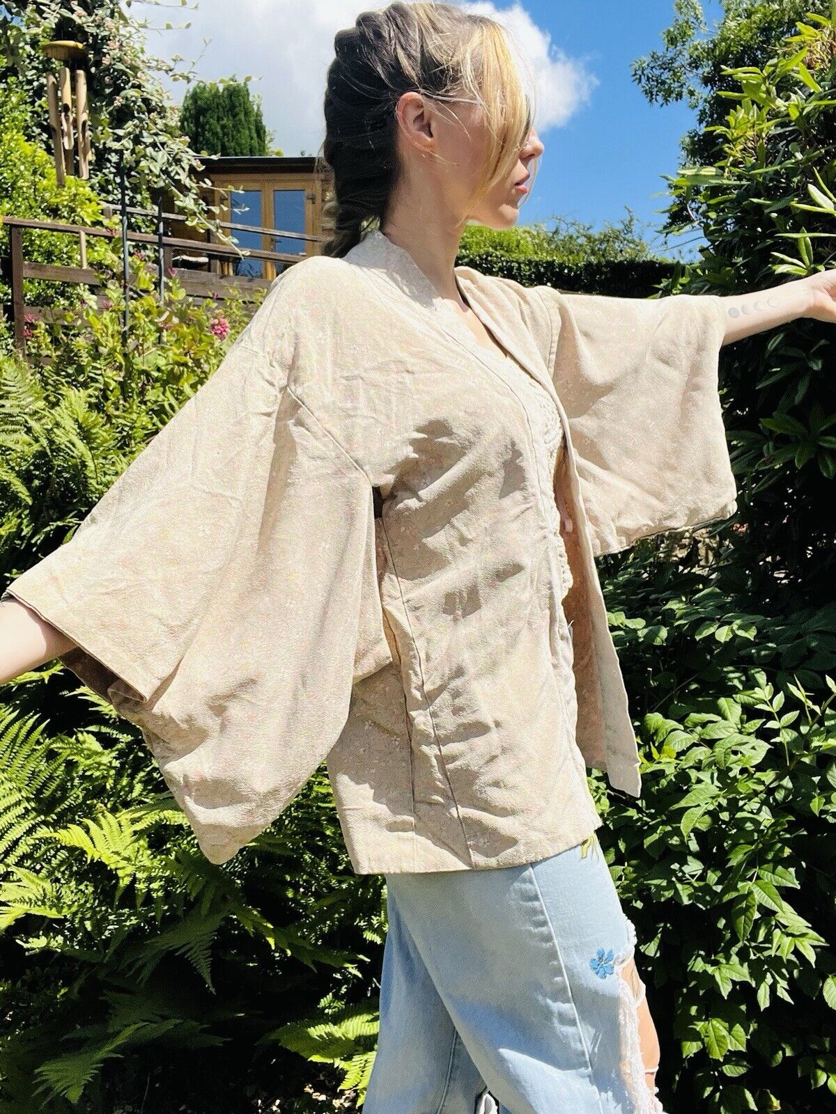 Vintage Hippie Boho Kimono With Jacket Pastel Ditsy Floral Print Free Size