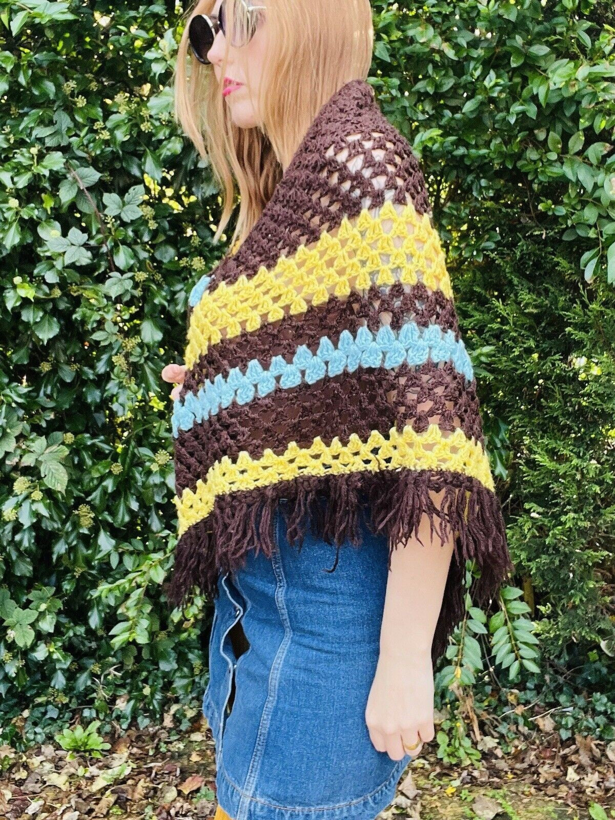 Vintage Knit Crochet Shawl Hippie Boho Triangle Wrap Cape Cottage Whimsy Scarf