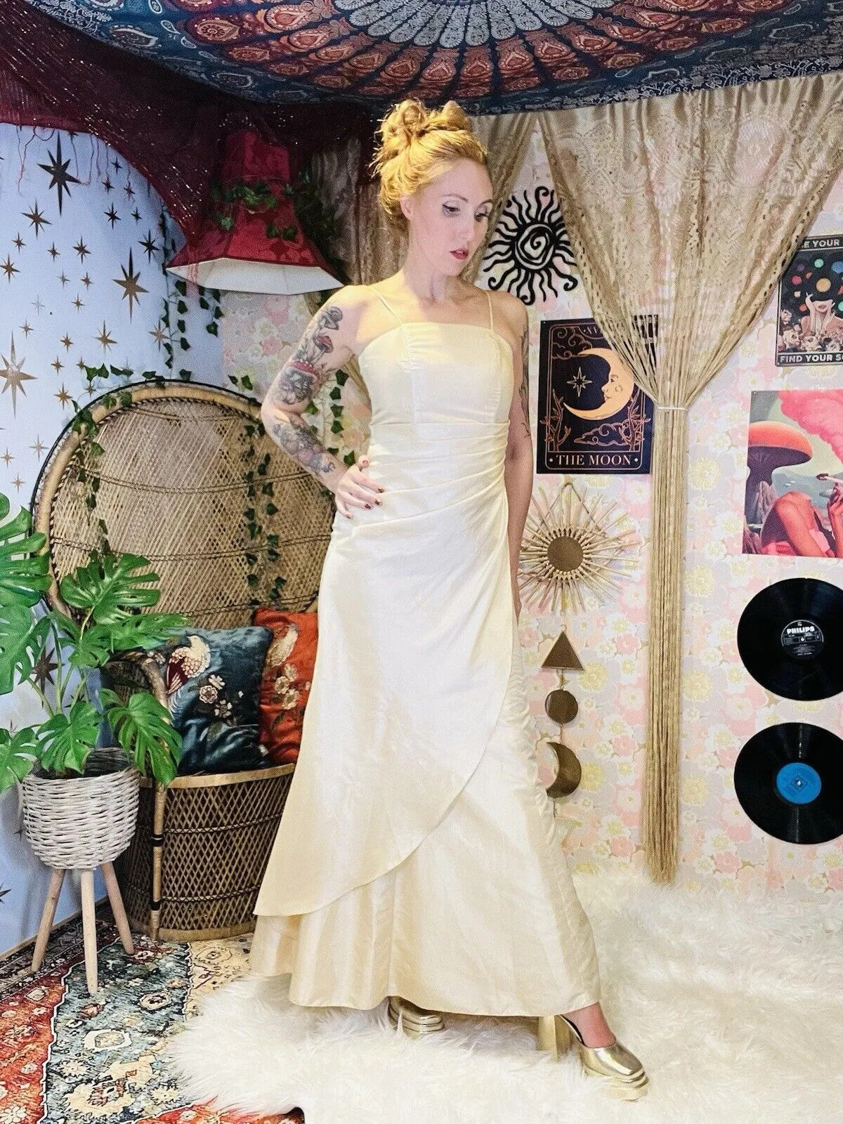 Vintage 90s Ball Gown By Prestige Ivory Cream Cocktail Dress Tie Back Size 8 10