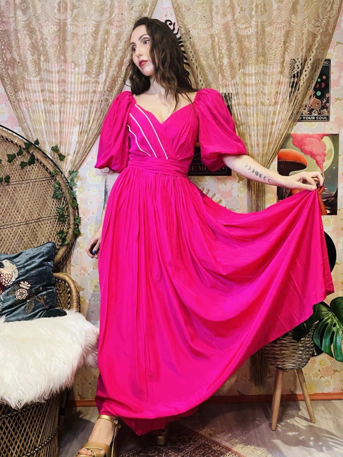 Vintage 1980s Puff Sleeve Dress And Tie Waist Hot Pink Cocktail Gown Size 8