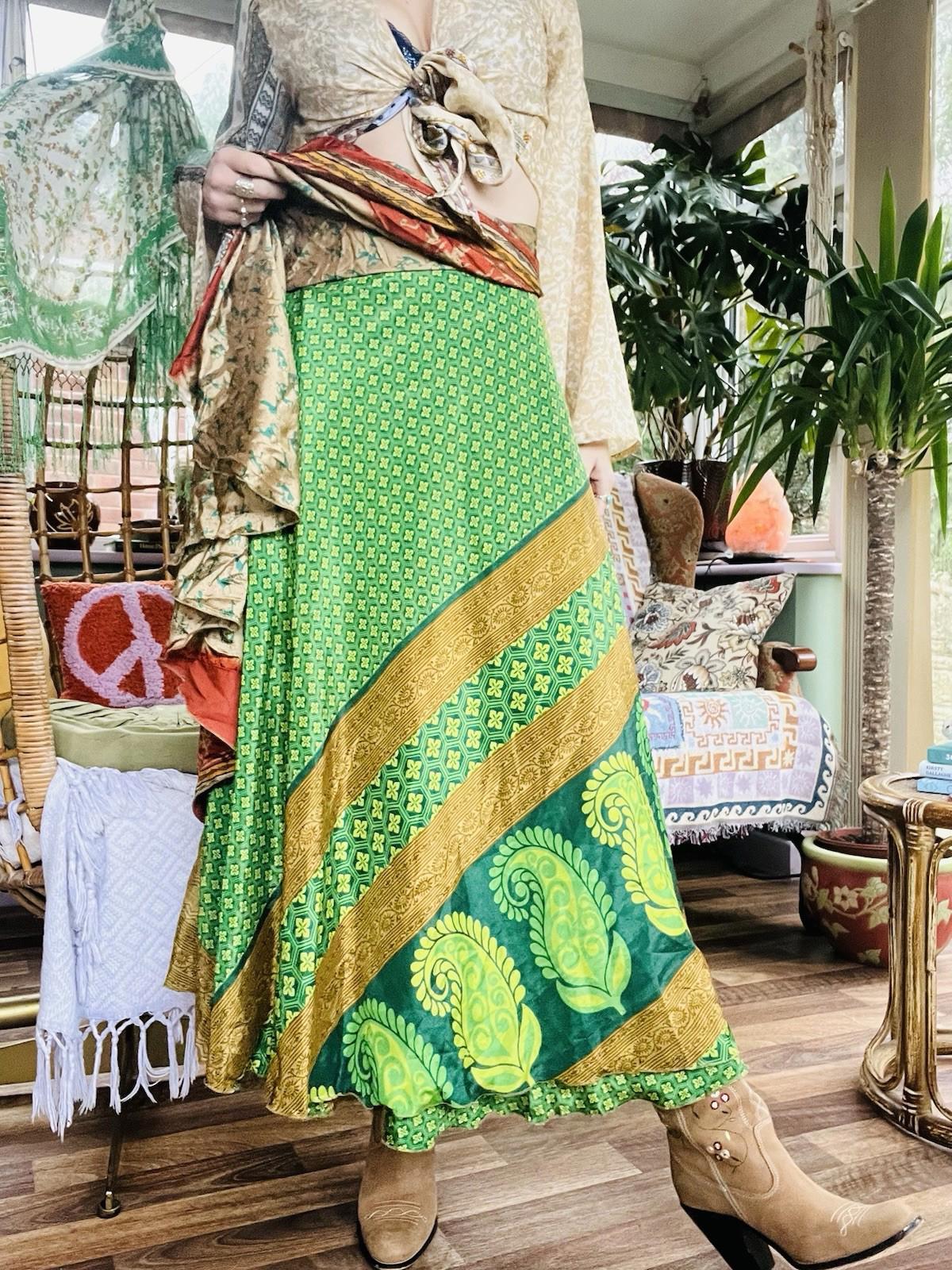 Layered Hippie Maxi Skirt Vintage Sari Silk Hippie Boho Long Gypsy Wrap Skirt