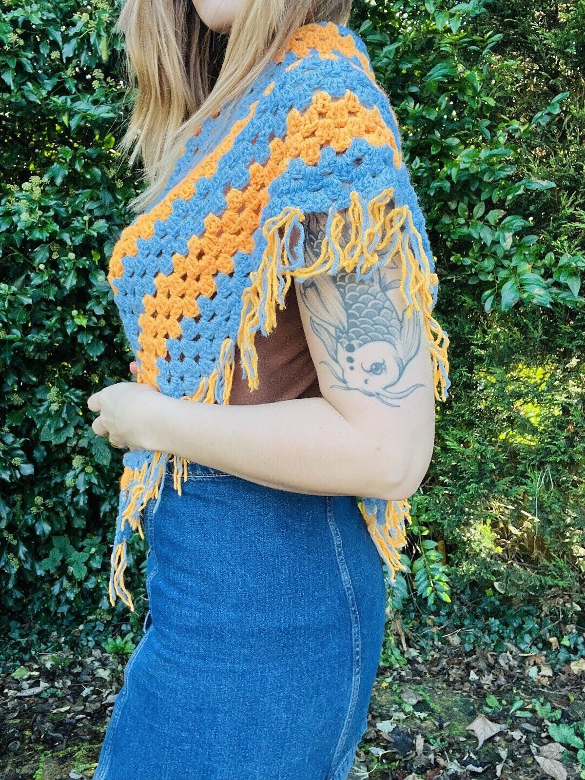 Vintage Boho Crochet Shawl Hippie Triangle Knit Wrap Cape Cottage Whimsy Scarf