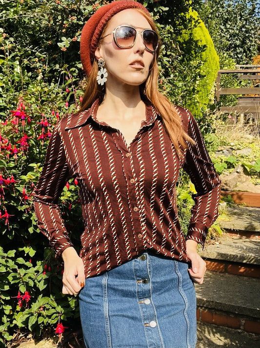 Vintage 1970s Retro Shirt Long Sleeve Abstract Striped Blouse Brown Size 10