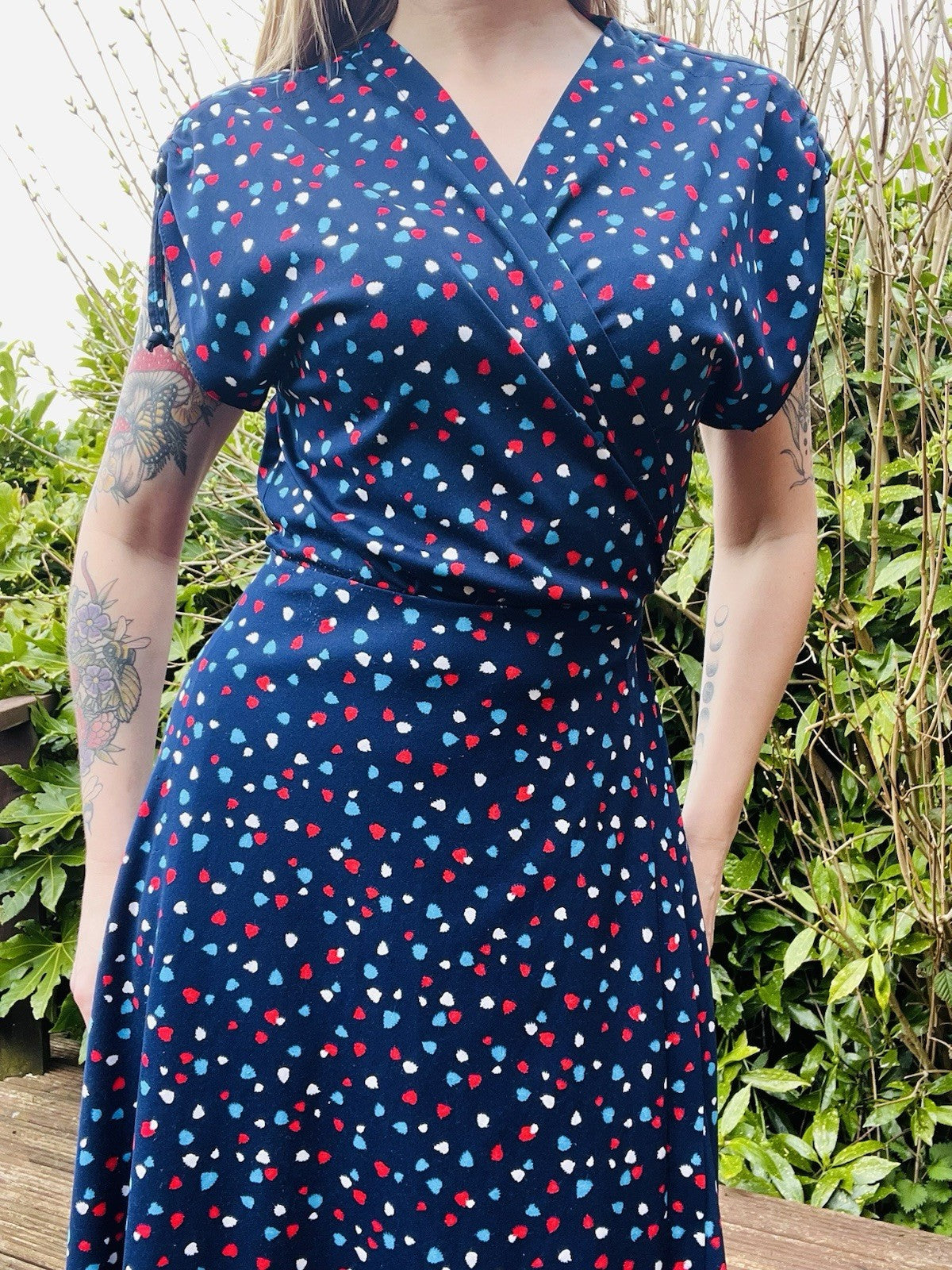 Vintage 1980s Wrap Dress Summer Polkadot Midi Dress With Short Sleeves 12-14