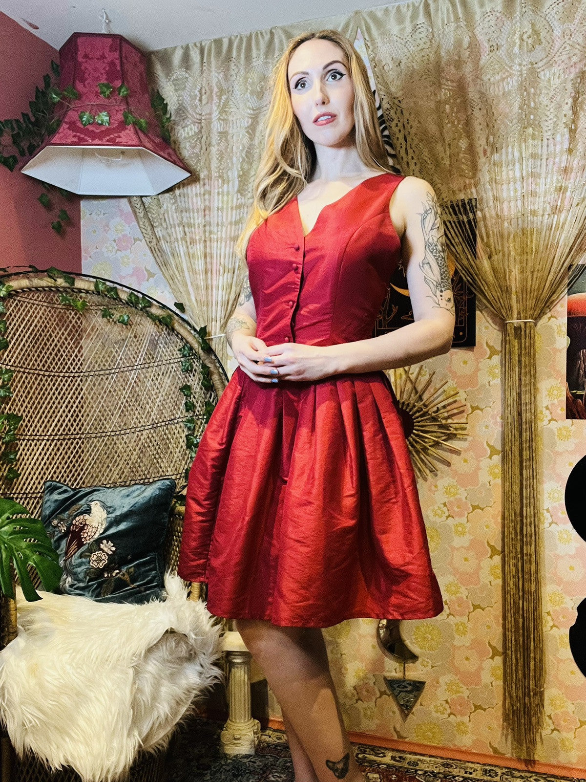Vintage 1990s Cocktail Dress Button Front A Line Knee Length Party Prom Dress 12