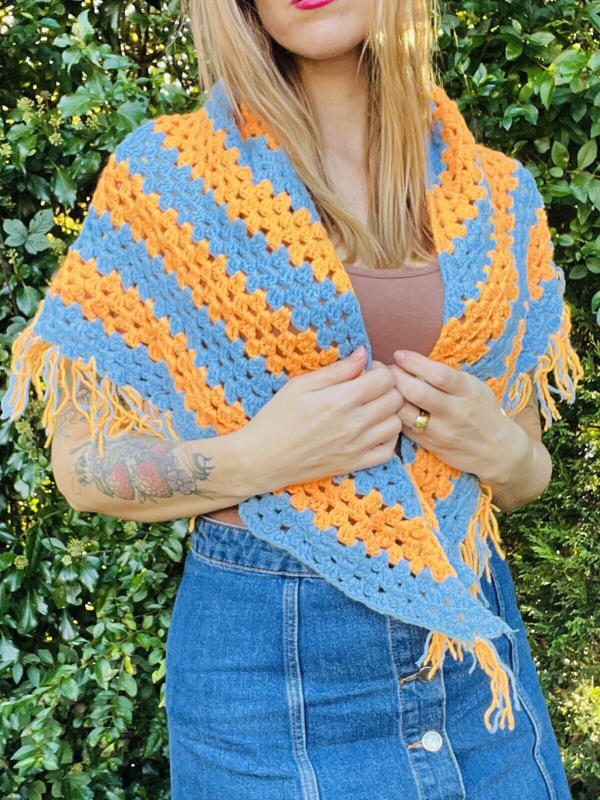 Vintage Boho Crochet Shawl Hippie Triangle Knit Wrap Cape Cottage Whimsy Scarf