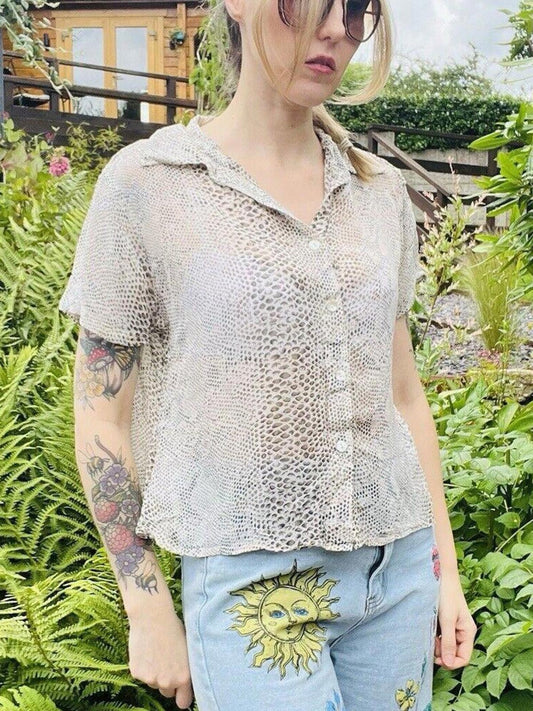 Vintage Y2K Summer Blouse By New Look Short Sleeve Snake Skin Animal Print 16